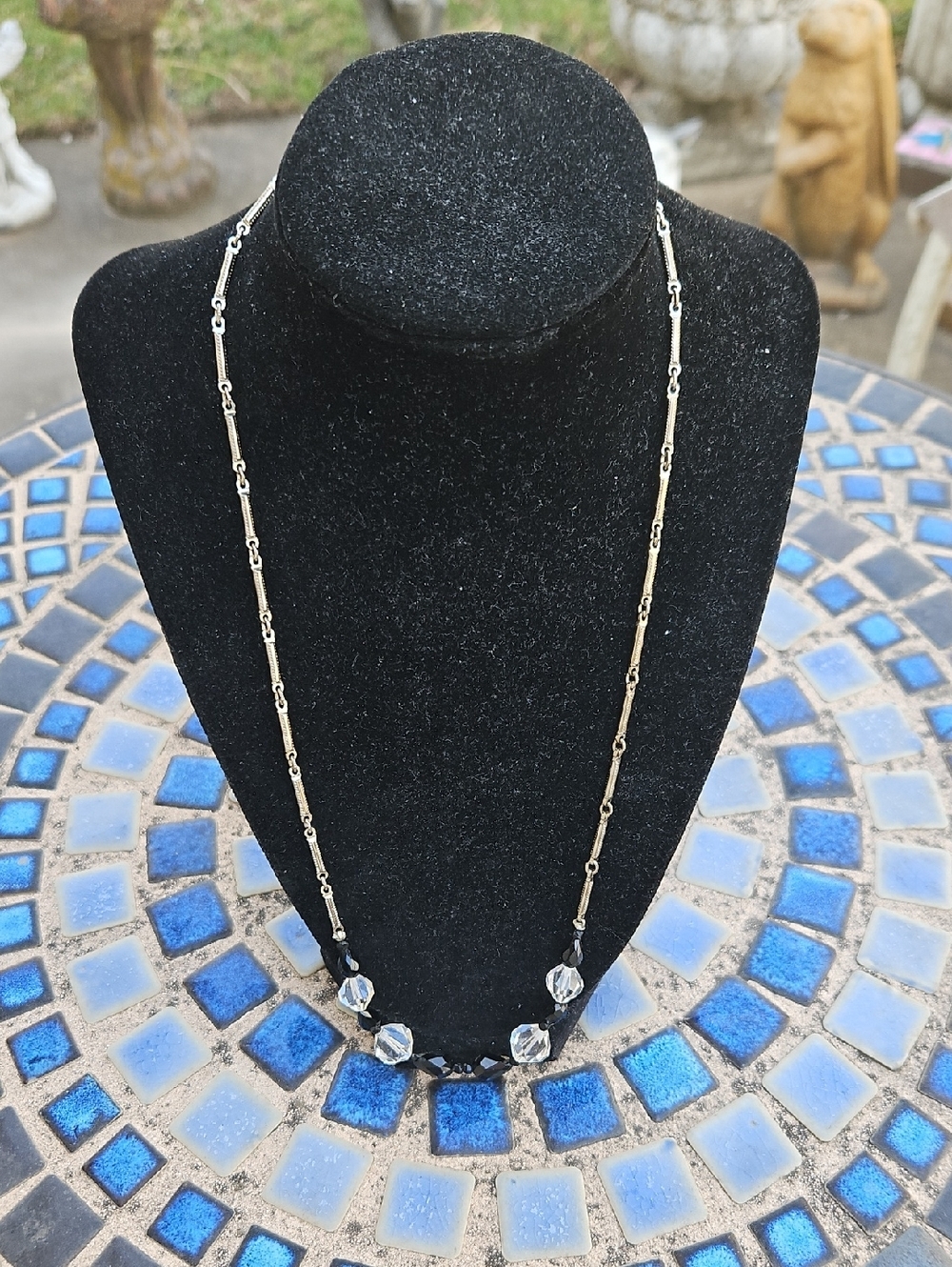 Vtg Black Clear Crystal Beaded Silvertone Chain Necklace